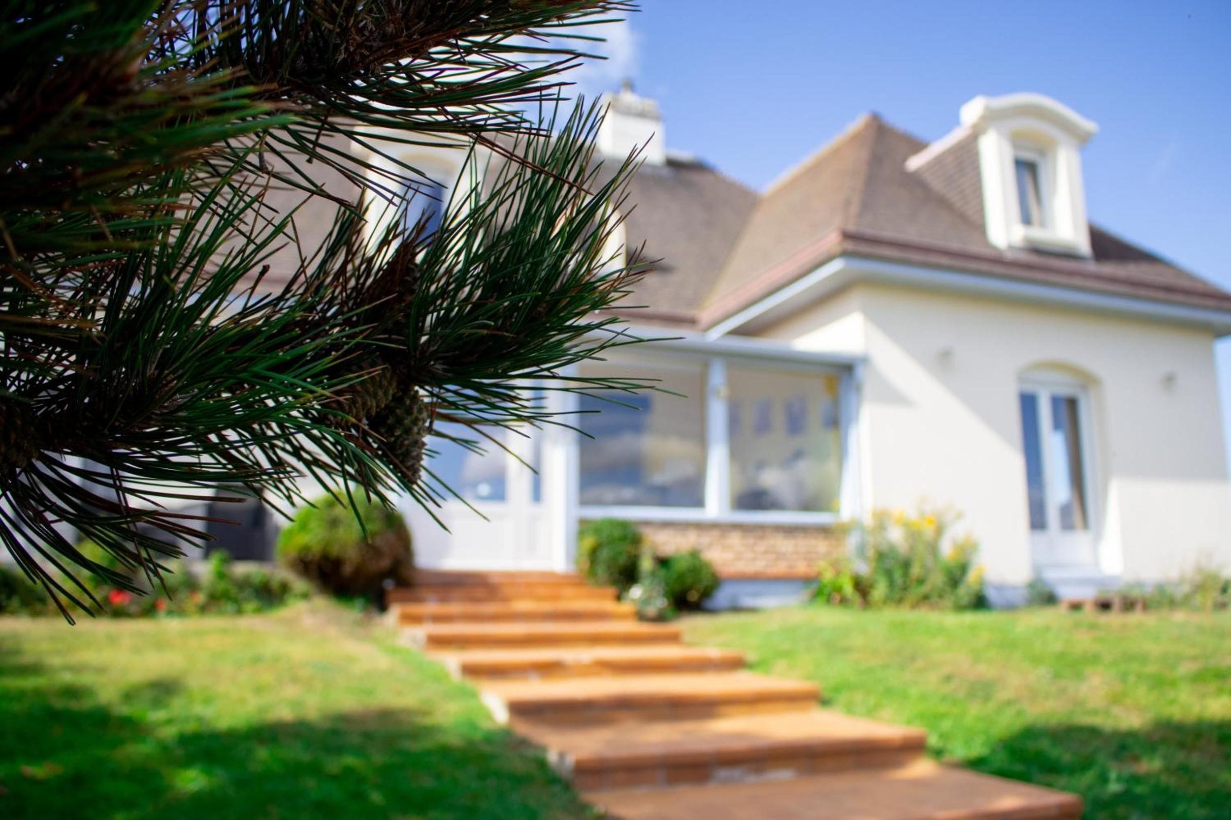 A residential house with a front porch, a clear sky, and a pine tree in the foreground.