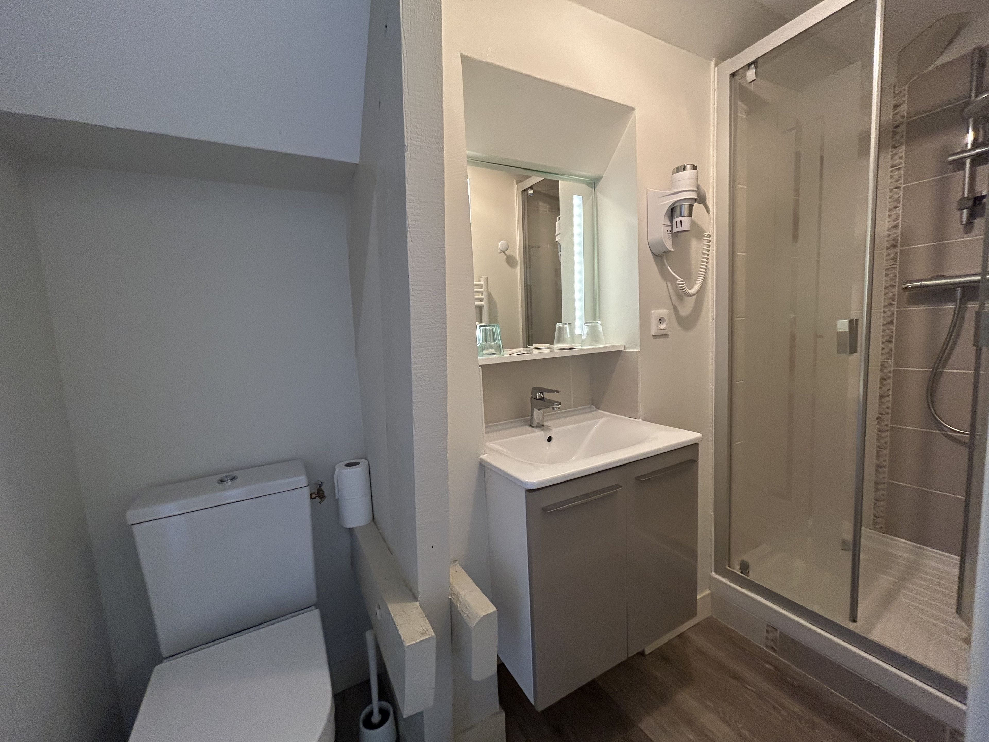 Une salle de bain équipée de toilettes, d’un lavabo, d’un miroir et d’une douche.