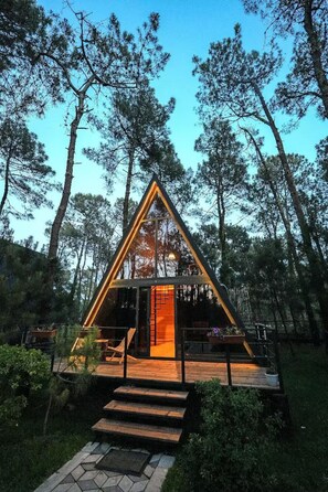 A triangular wooden cabin with a staircase leading to the entrance, surrounded by trees.