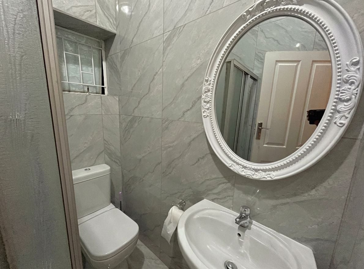 Une salle de bain équipée de toilettes, d’un lavabo et d’un grand miroir orné d’un cadre travaillé.
