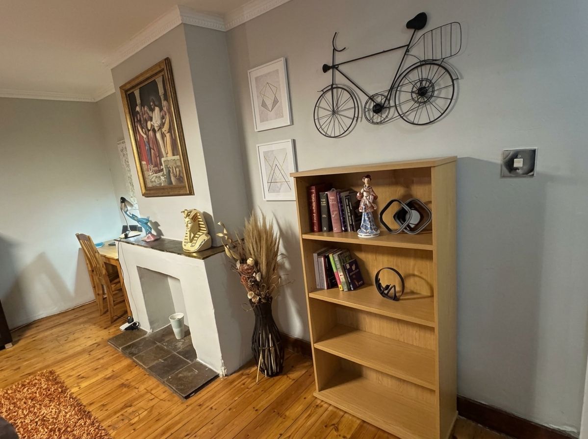 Una sala de estar con chimenea, una estantería y una bicicleta decorativa colgada en la pared.