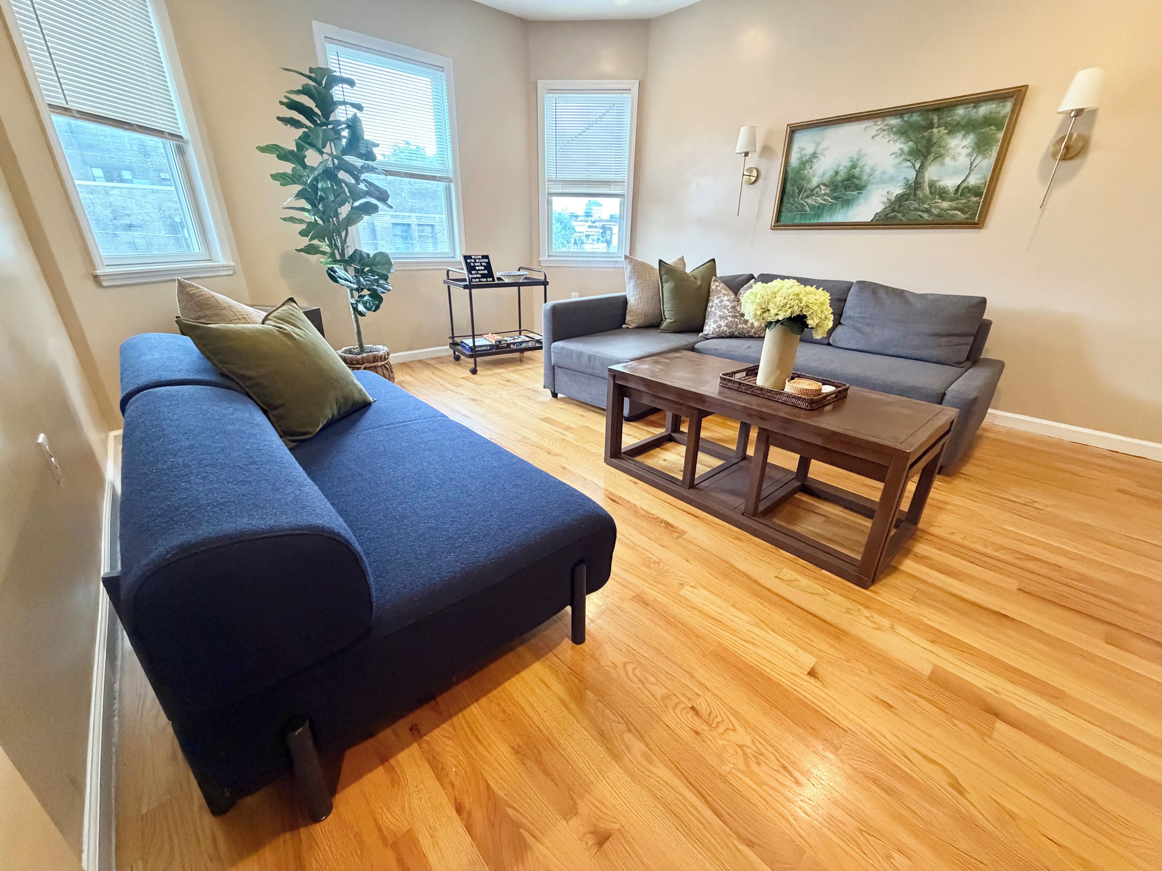 A living room with a blue sofa, a grey sofa, a coffee table, and a potted plant.