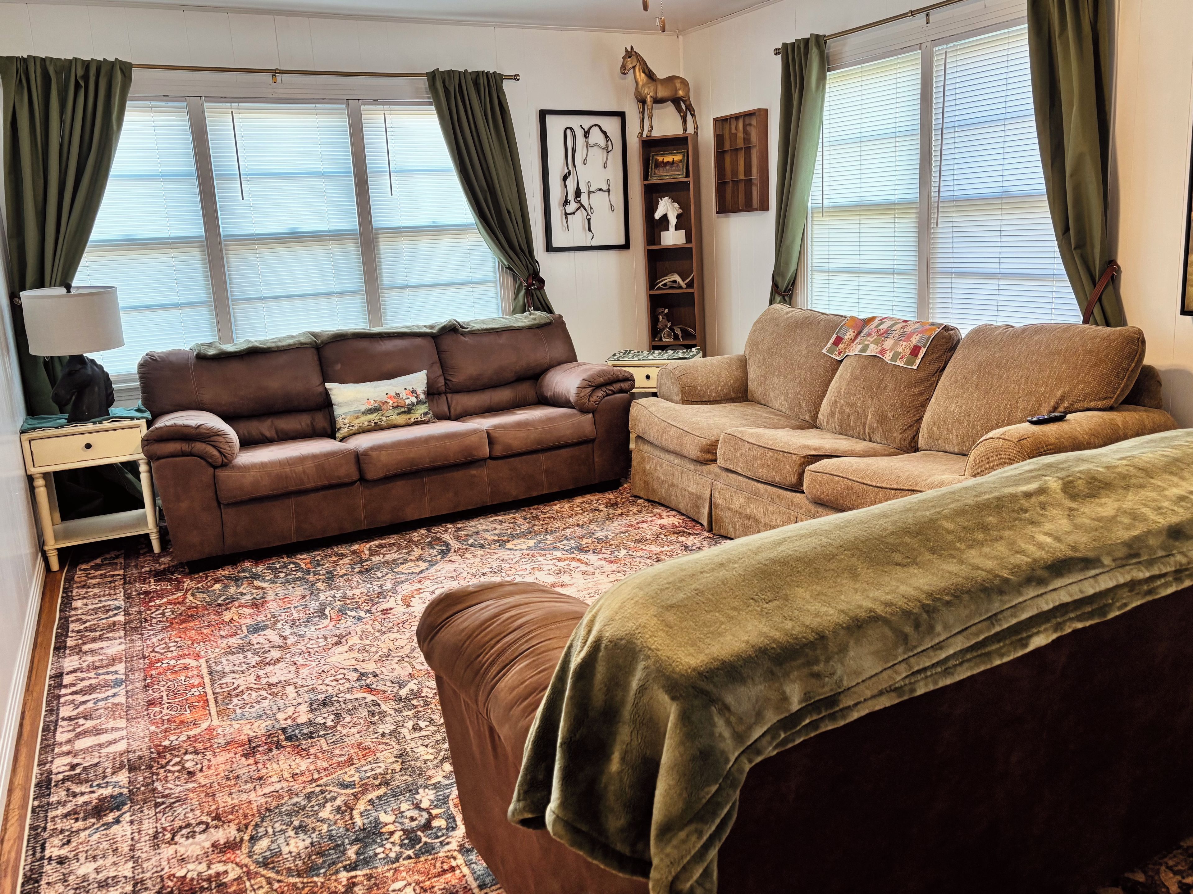 Ein gemütliches Wohnzimmer mit einem braunen Ledersofa, einem gemusterten Teppich und einer grünen Decke auf einem braunen Sessel.