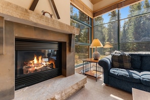 A cozy living room with a fireplace, a sofa, and a view of the forest through large windows. - St8730-2 (Keystone)