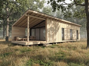 A modern wooden cabin with a covered porch, large windows, and a natural forest setting. - Arbora 1.0 Spa (Malvern)