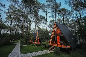 A modern cabin with a triangular roof, surrounded by a forested area. - Dream Cottages – Verde – Bloom 03 (Ureki)