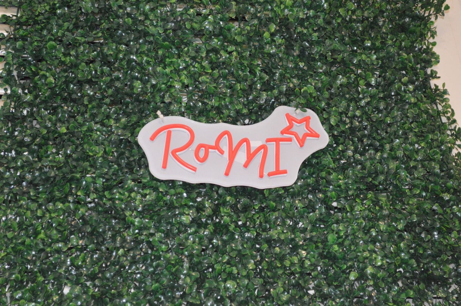 Une enseigne portant le nom « Romi » sur un fond de feuillage artificiel vert.