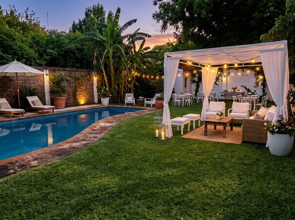 A backyard with a pool, outdoor seating, and string lights.