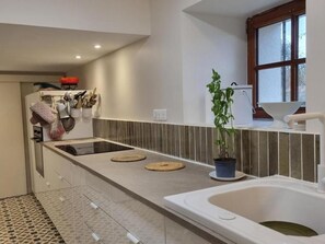 A modern kitchen with a built-in stove, a sink, and a window with a view. - House with private pool - 13 guests (Montchal)