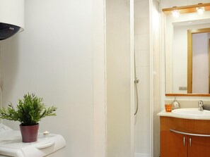 A bathroom with a shower, a sink, a mirror, and a potted plant. - Central Barcelona Apartment 2 Bedrooms, near Ramblas (Barcelona)