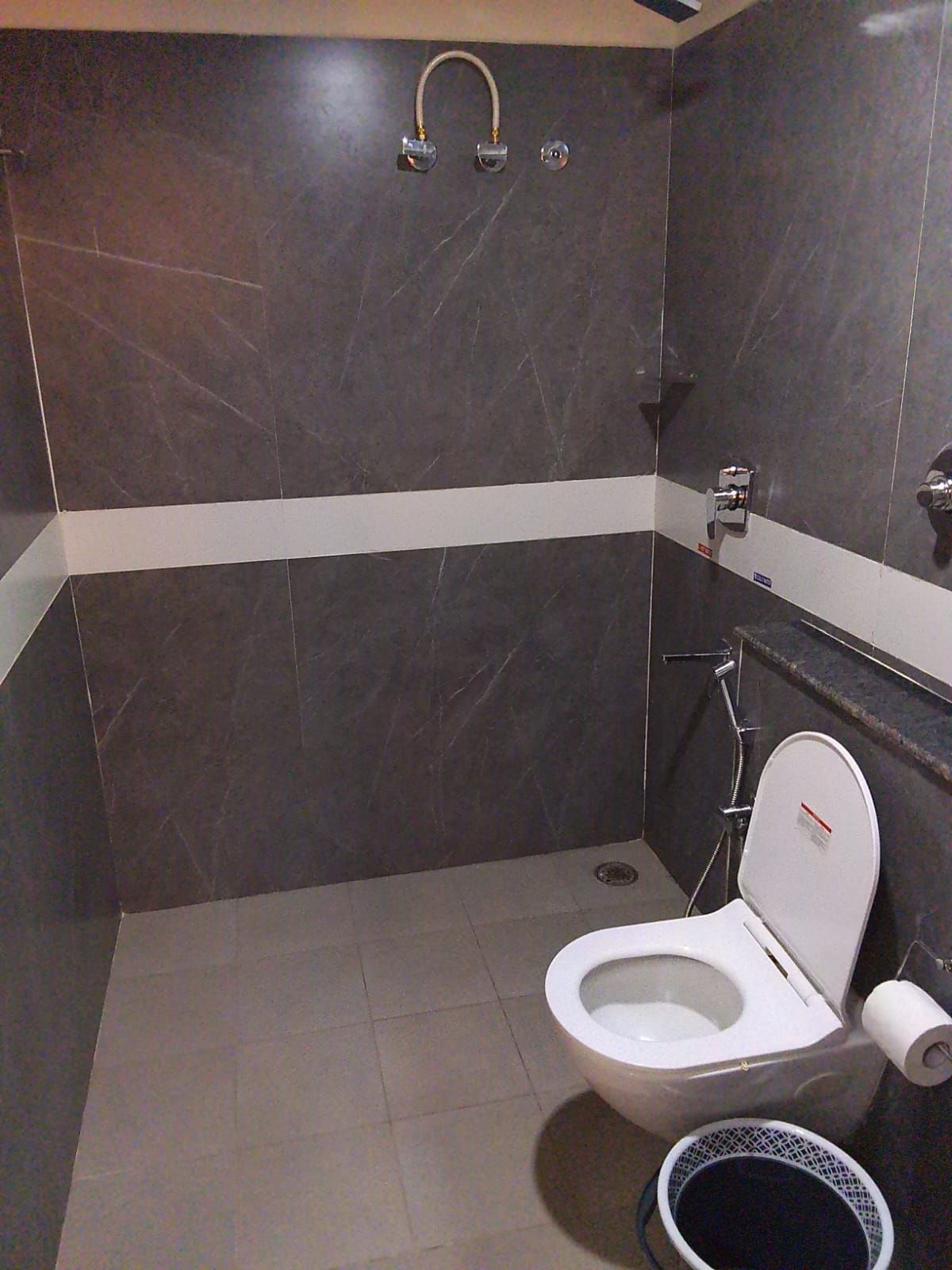 A bathroom with a white toilet, a shower, and a bidet.