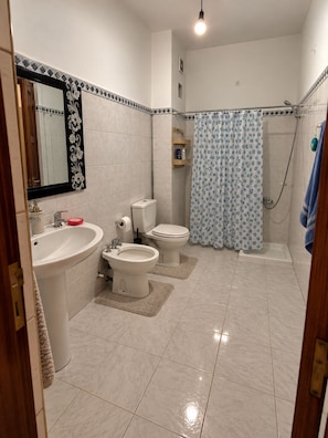 A bathroom with a sink, two toilets, a bidet, a shower with a patterned curtain, and a mirror with a decorative frame.