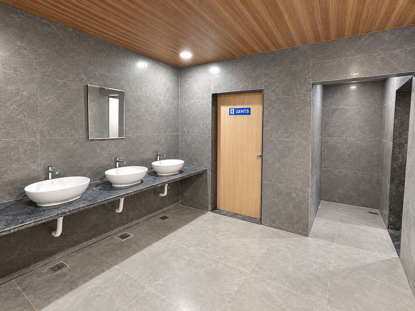 A modern bathroom with three sinks, a mirror, and a door marked 'GENTHS'.