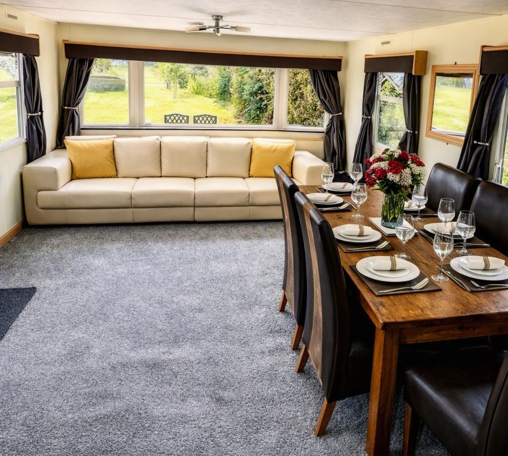 A dining area with a wooden table set for four, a sofa, and a view of greenery outside.