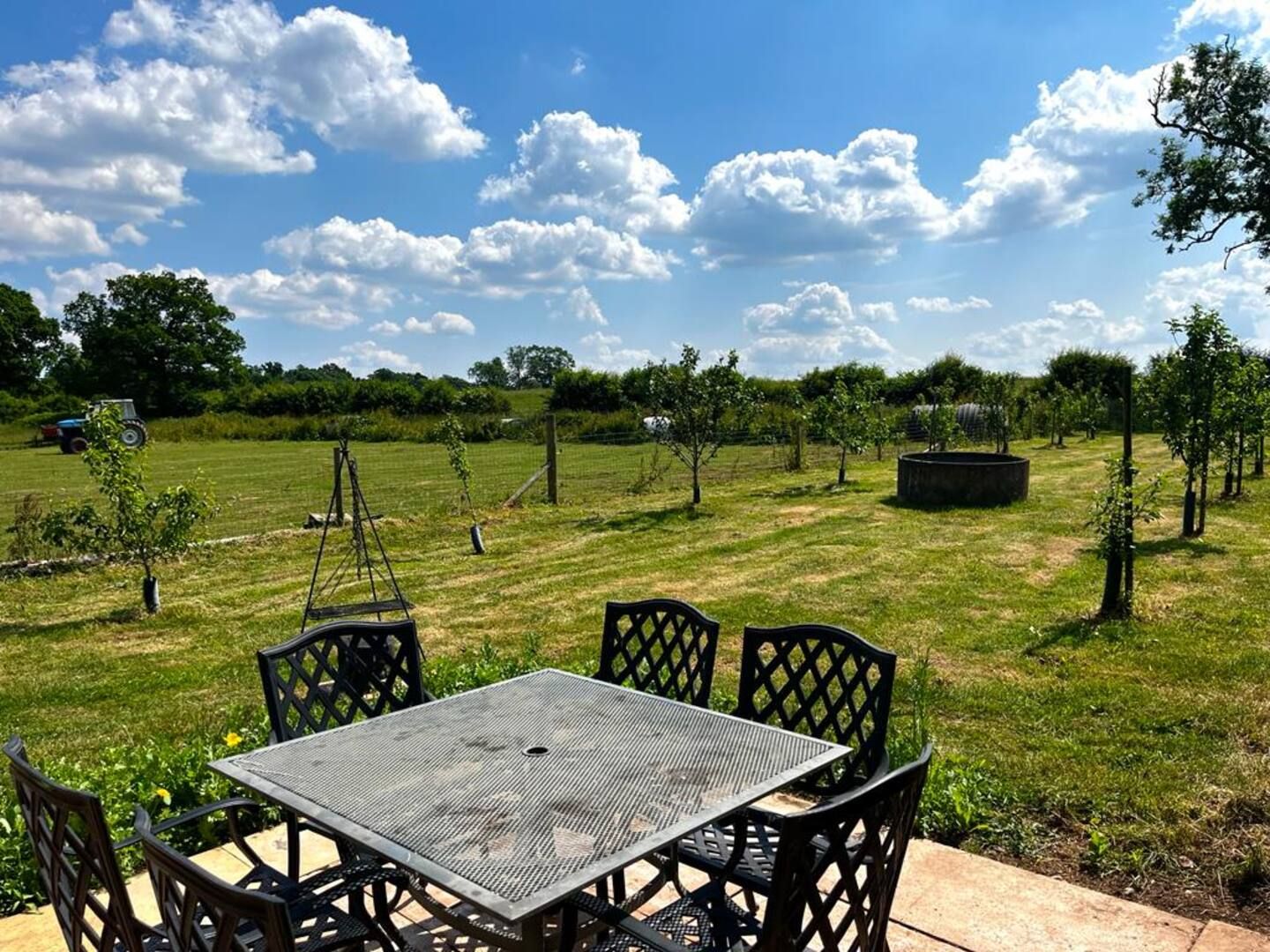 An outdoor seating area with a table and chairs, surrounded by a grassy field and trees.