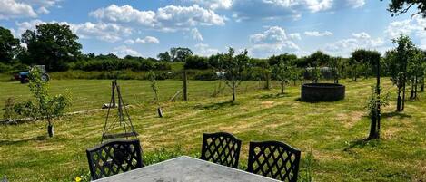 An outdoor seating area with a table and chairs, surrounded by a grassy field and trees.