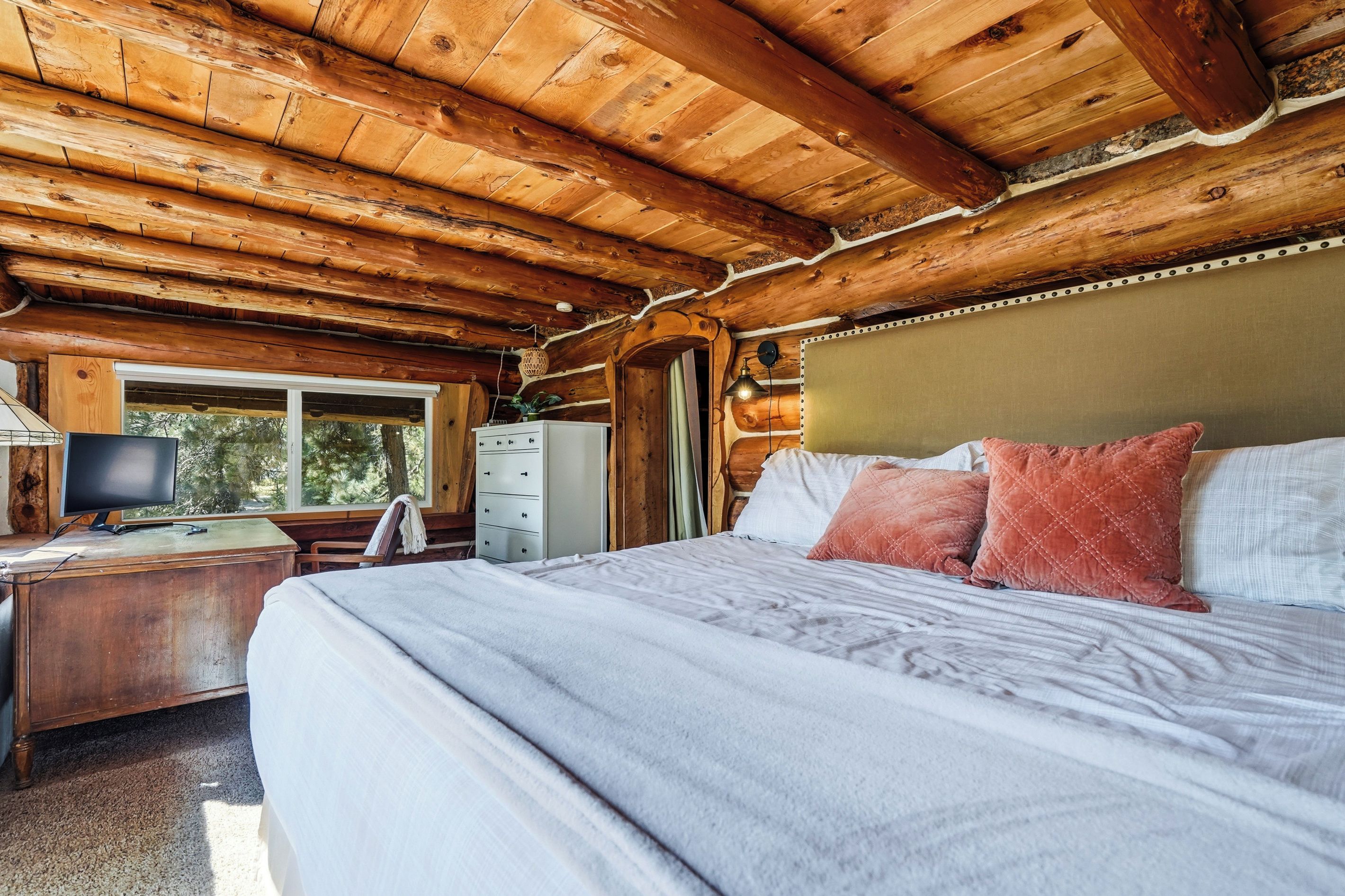 Ein Interieur einer Holzhütte mit einem Bett, einem Schreibtisch und einem Fernseher.