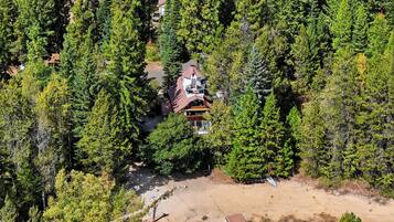 Una cabaña apartada rodeada de un bosque denso, con un sendero de tierra que lleva a la entrada.