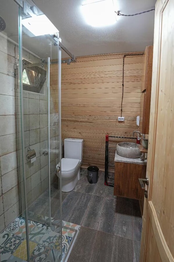 A compact bathroom with a glass shower enclosure, a toilet, and a sink with a wooden cabinet.