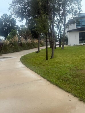 A residential driveway with a sidewalk, trees, and a modern house in the background. -  Room with ultra-modern amenities . Newly built house -facing Tampa river. (Tampa)