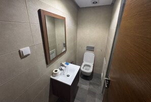 A bathroom with a toilet, sink, and mirror. - Elegant Apartment (Tunis)