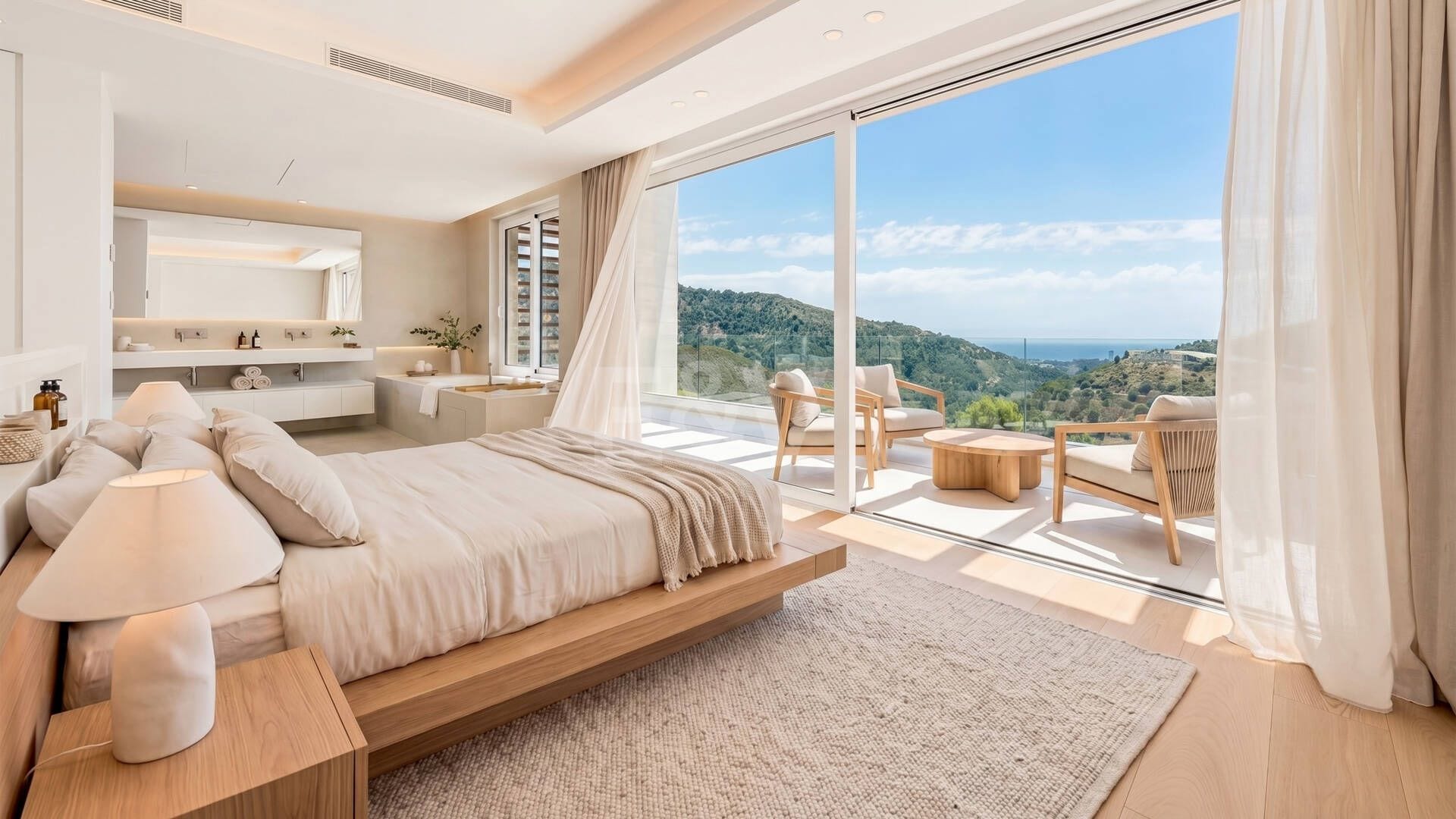 A modern bedroom with a large bed, bedside tables, a nightstand, and a view of a mountainous landscape through floor-to-ceiling windows.