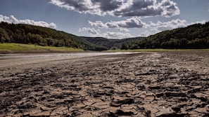 Een dor, droog landschap met een rivierbed en beboste heuvels op de achtergrond.