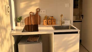 Una cocina compacta con pileta integrada, un refrigerador pequeño y tablas de cortar de madera.