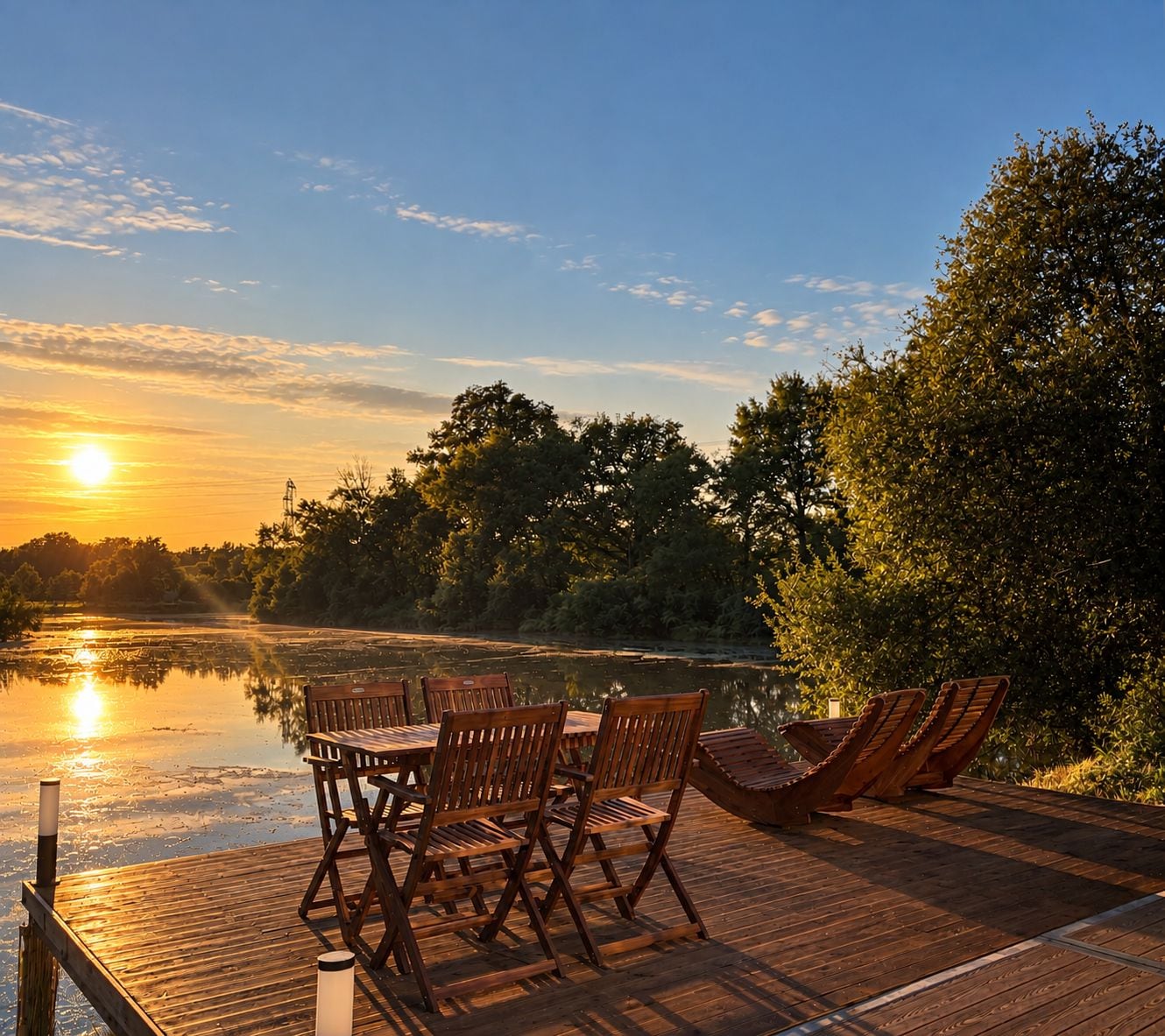 En træterrasse med et bord og stole med udsigt over en rolig flod ved solnedgang.