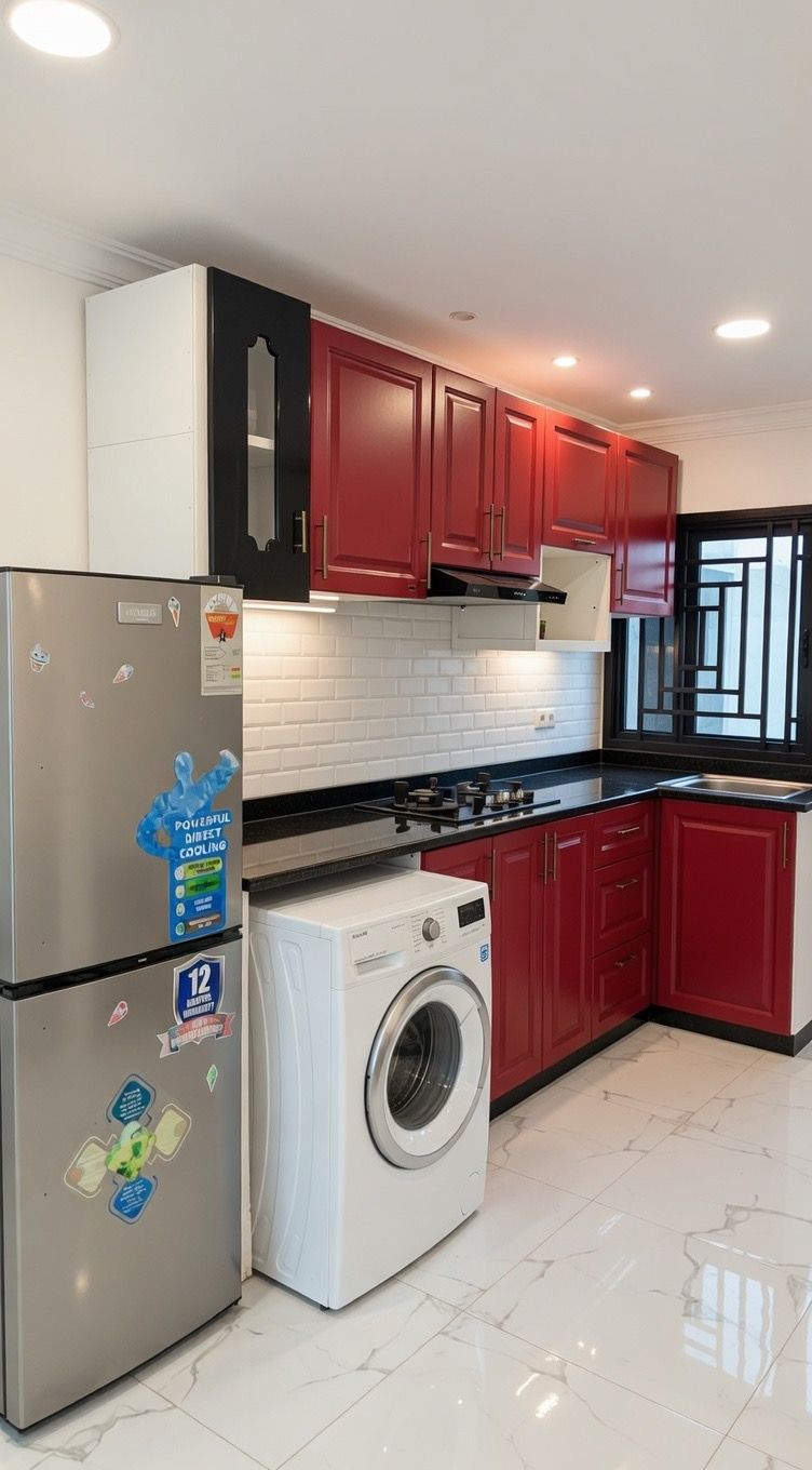 A compact kitchen with a refrigerator, washing machine, and red cabinets.