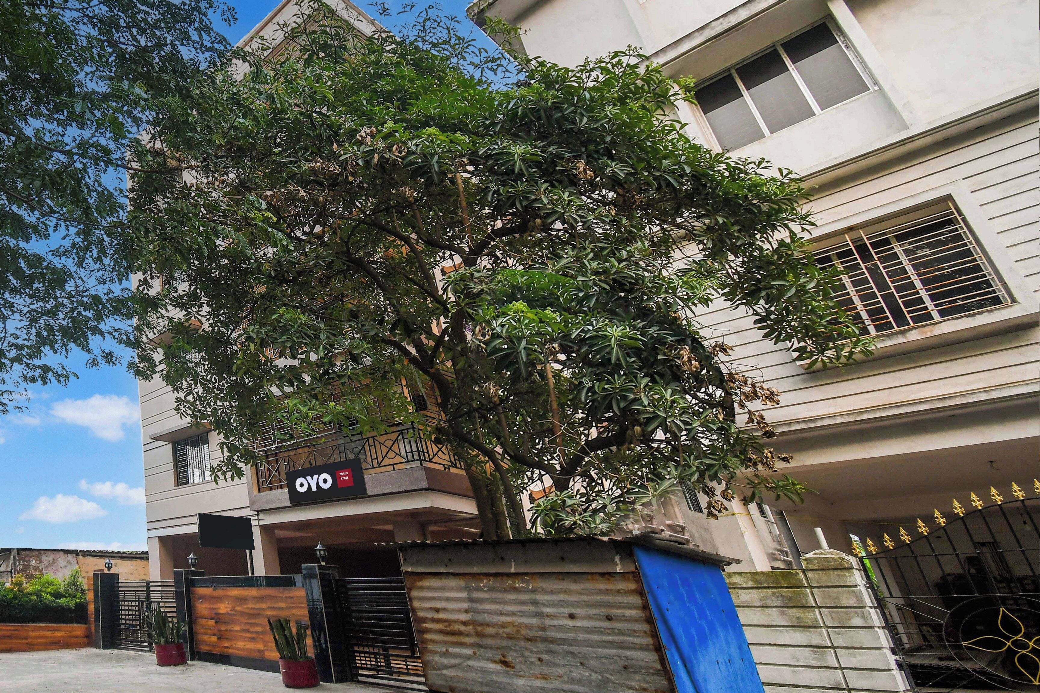 A building with a sign that reads 'OYO' and a tree in front.