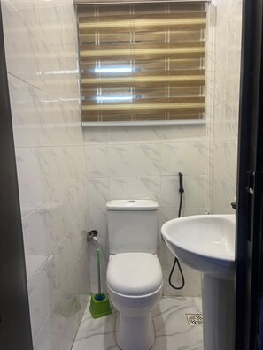 Een badkamer met toilet, wastafel en een raam met zonwering.