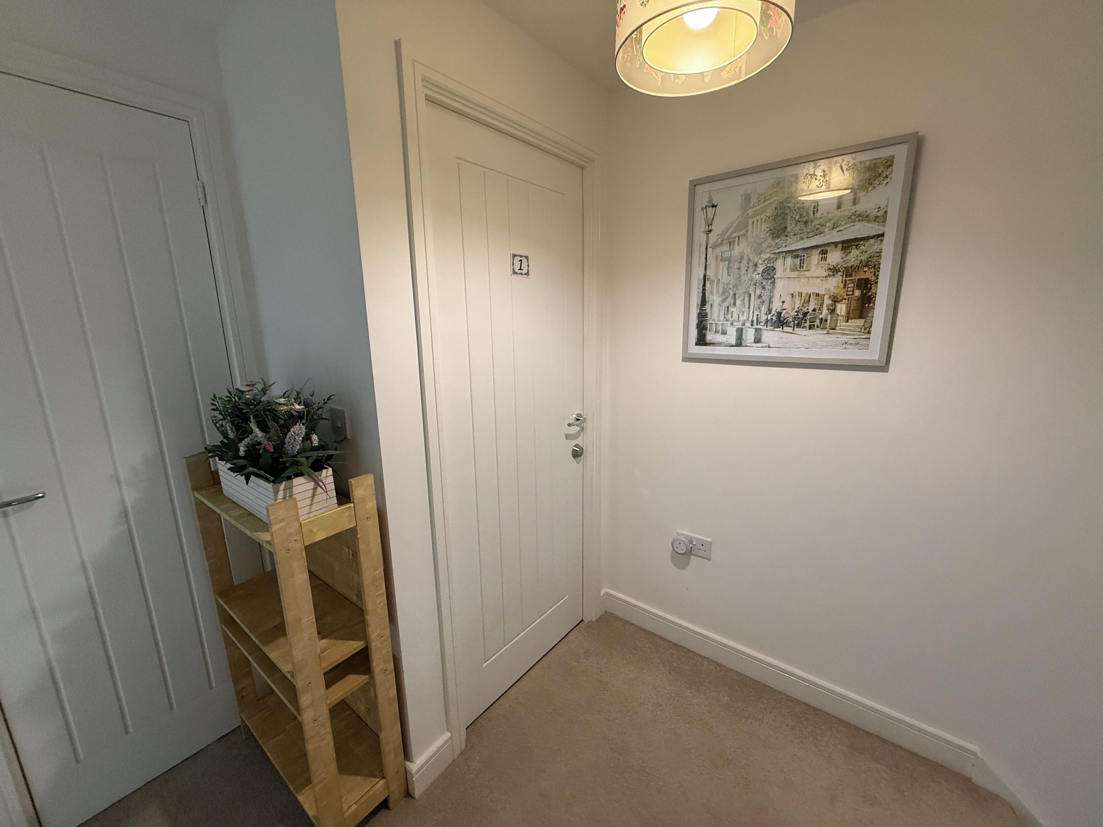 A hallway with a white door marked with the number 1, a wooden ladder, a small plant on a shelf, and a framed picture on the wall.