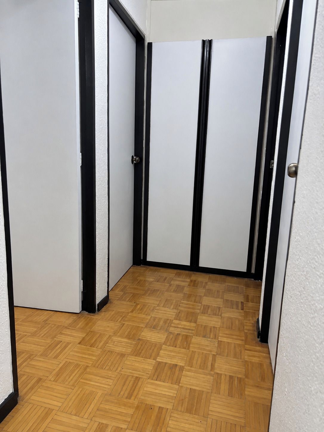 Un pasillo con suelo de parquet de madera y puertas blancas con marcos negros.