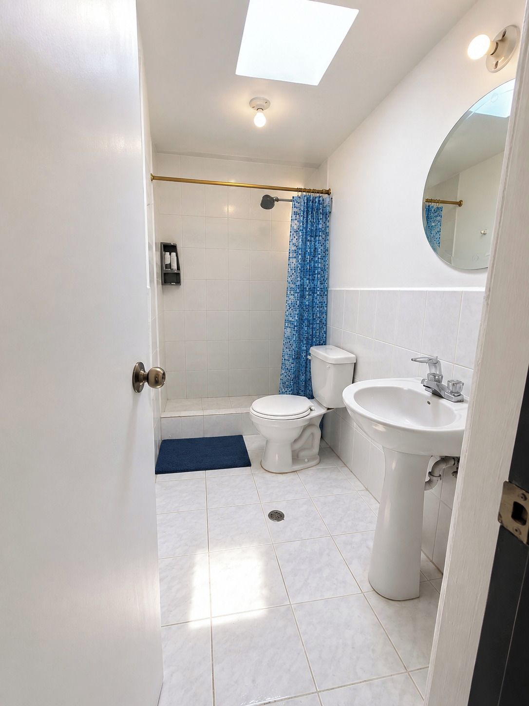 A bathroom with a toilet, sink, shower, and a skylight.