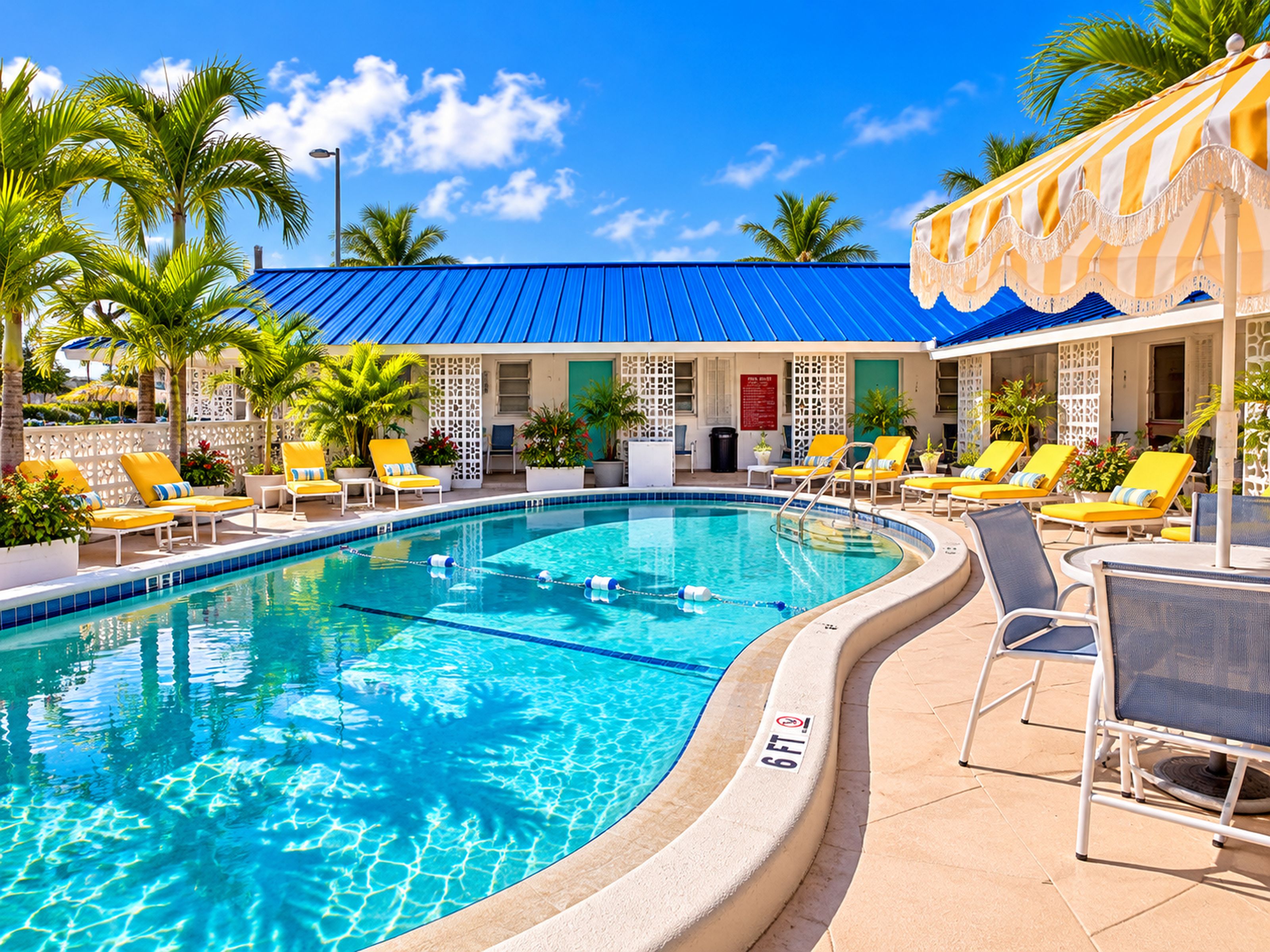 A swimming pool with lounge chairs and palm trees.