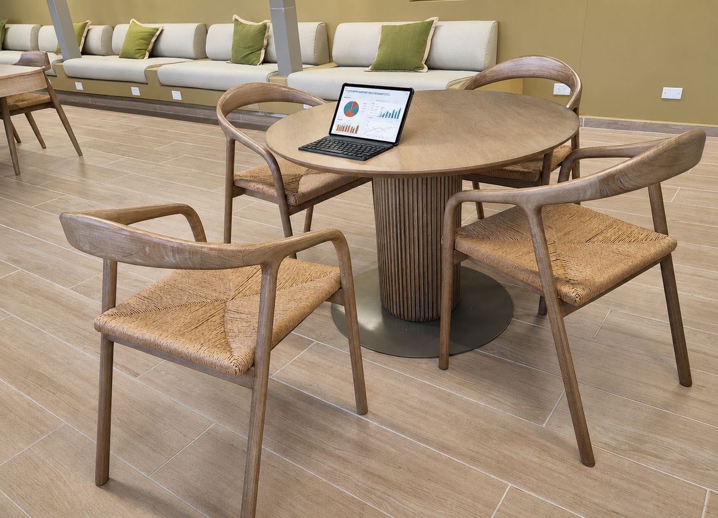 A meeting room with a round table, four chairs, and a laptop displaying a chart.