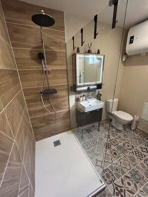 Un baño con ducha, inodoro, lavabo y espejo.