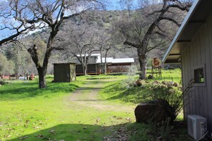 Propiedad rural con un sendero de grava que conduce a una estructura de madera, rodeada de árboles y un área verde.