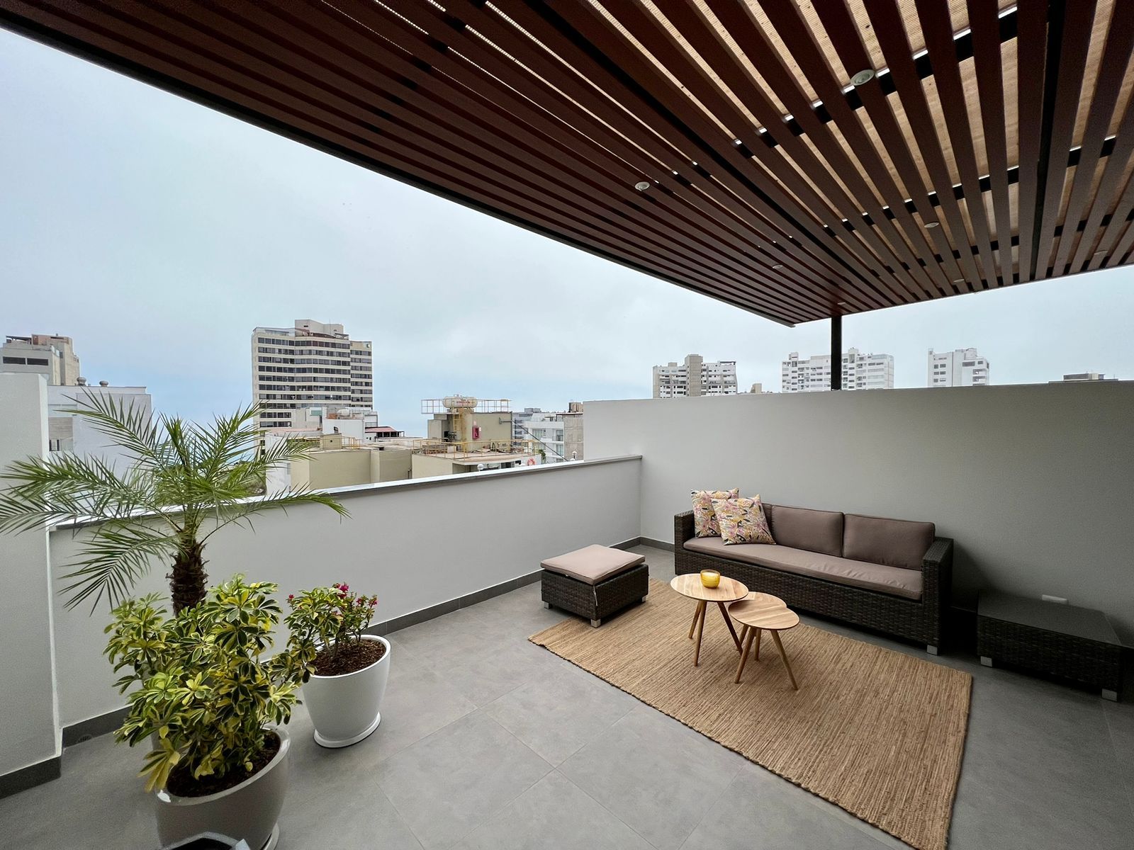 Una terraza en la azotea con un sofá, una mesita y plantas en macetas.