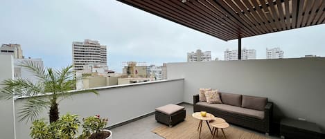 A rooftop terrace with a sofa, a small table, and potted plants.