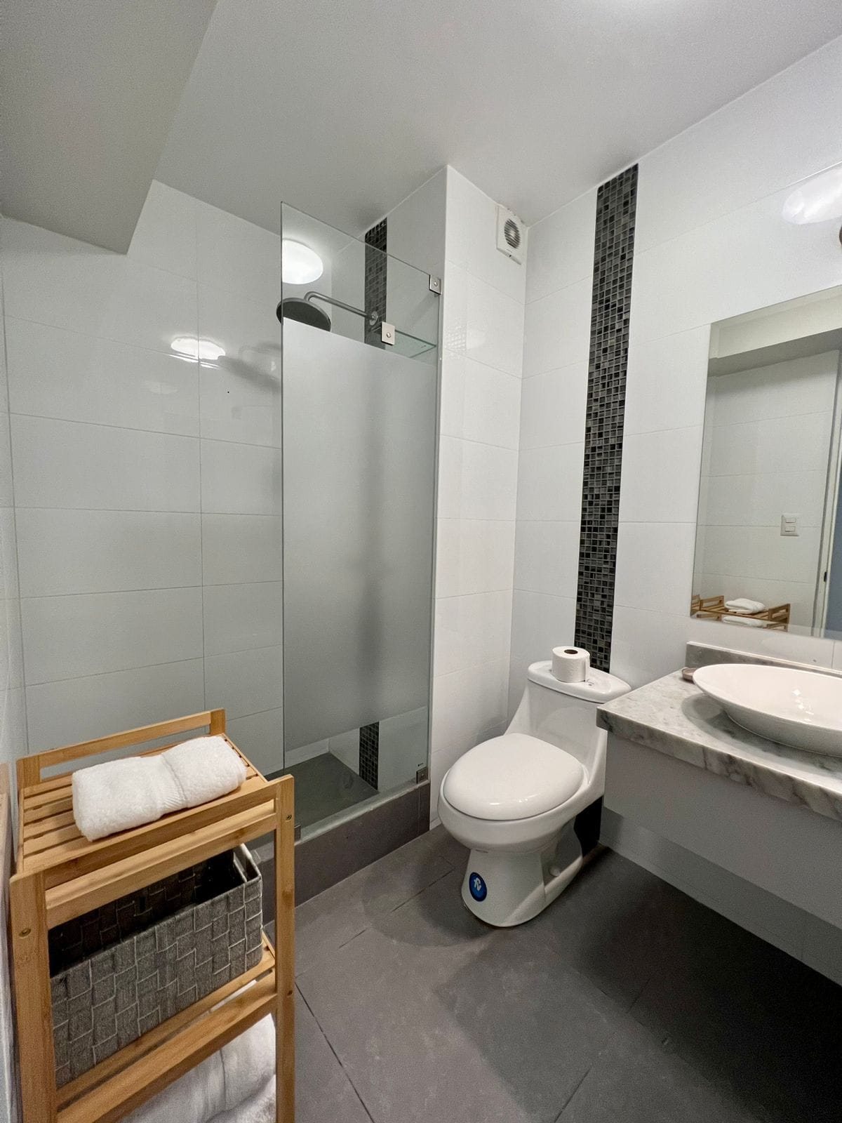 Un baño moderno con inodoro, lavabo y cabina de ducha de vidrio.