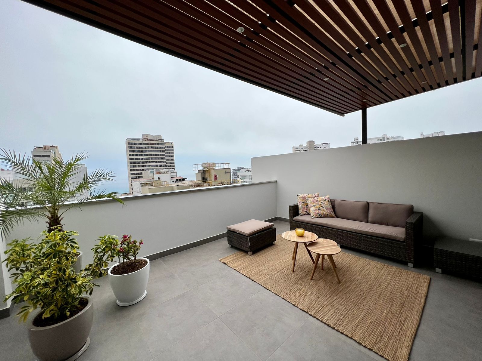 Una terraza en la azotea con un sofá, una mesita y plantas en macetas.