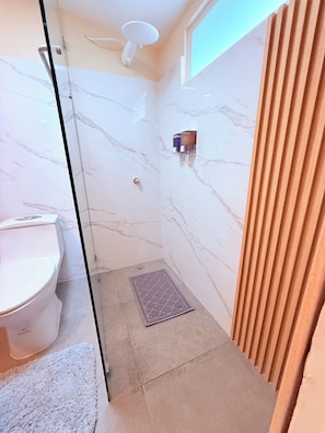 Une salle de bain avec des toilettes, une douche et un mur en marbre.