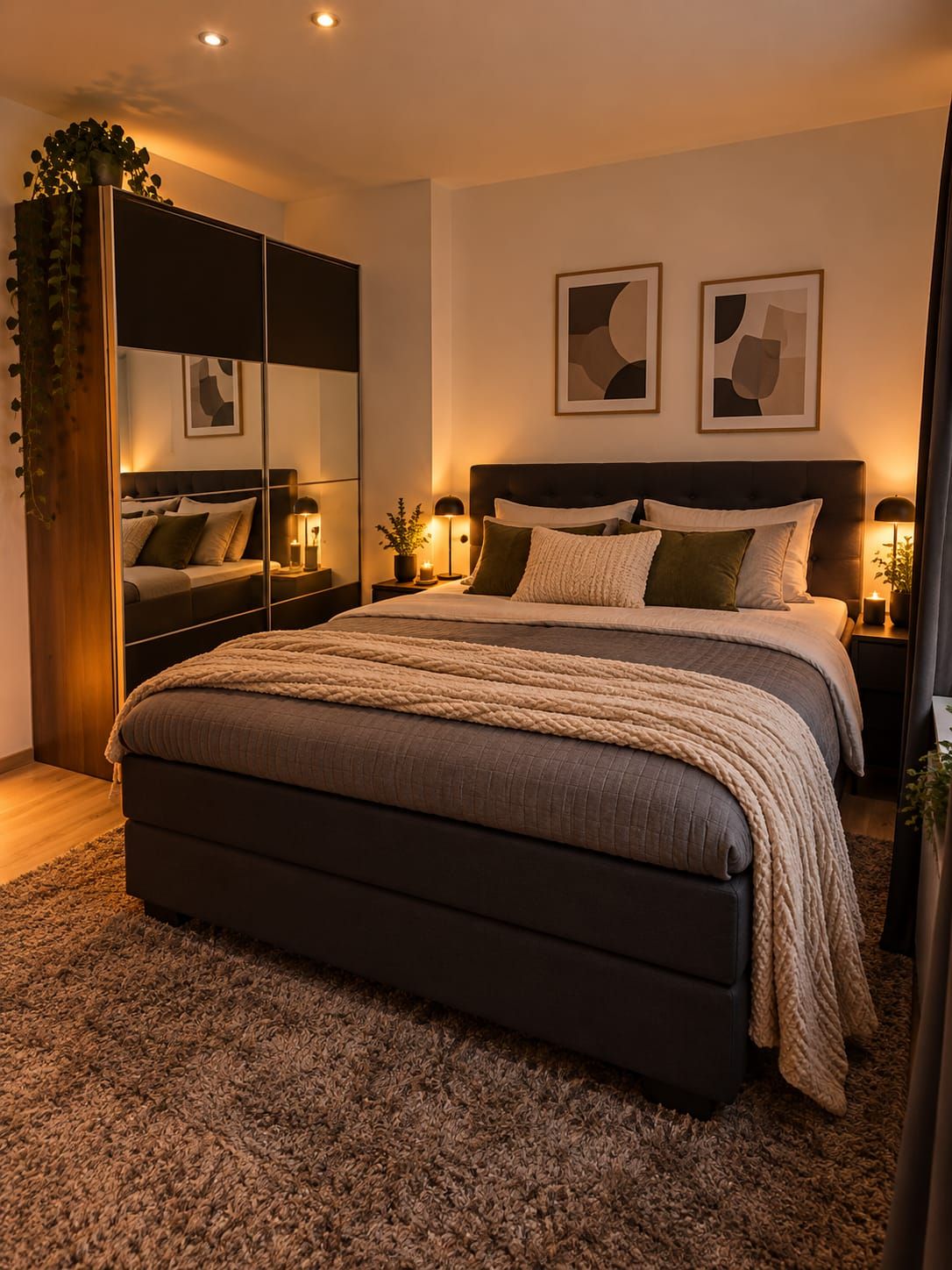 Ein modernes Schlafzimmer mit einem großen Bett, Nachttischlampen, einem Spiegel und abstrakter Wandkunst.
