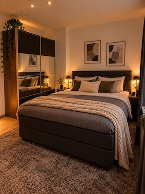 Un dormitorio moderno con una cama grande, lámparas de noche, un espejo y un cuadro abstracto en la pared.