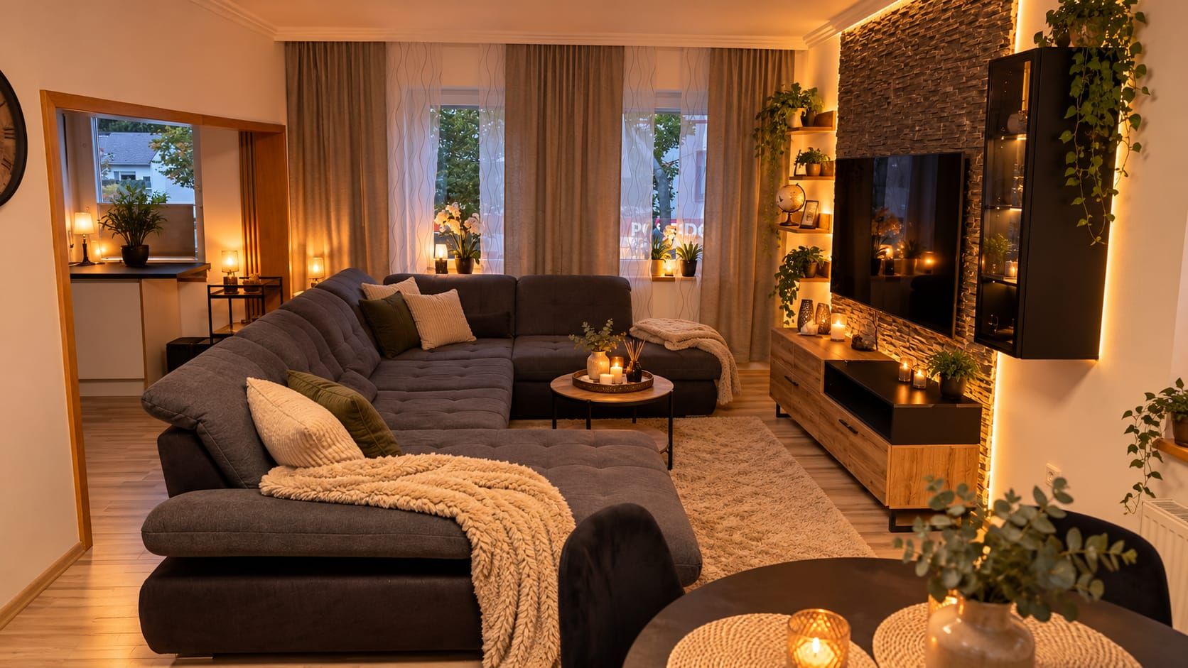 Ein modernes Wohnzimmer mit einer Eckcouch, einem Couchtisch und einem an der Wand montierten Fernseher.