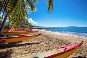 Ein Strand mit Canoereihen und freiem Blick auf das Meer.