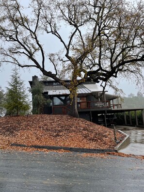 A building with a large tree in front, a covered outdoor area, and a sign reading 'LAKE NAPINETO'.