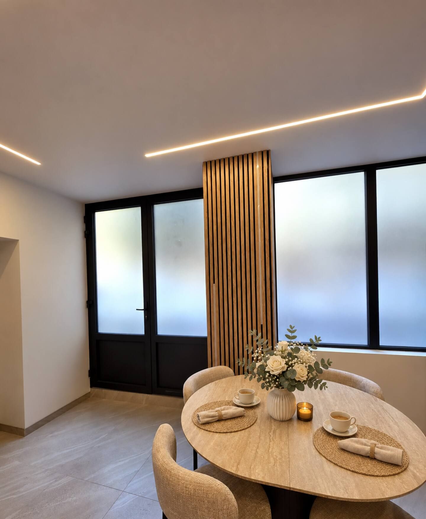 A modern dining area with a round table, chairs, and a vase of flowers.